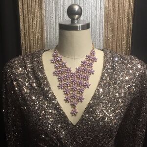 Purple Bib-Style Necklace with Cascading Crystals
